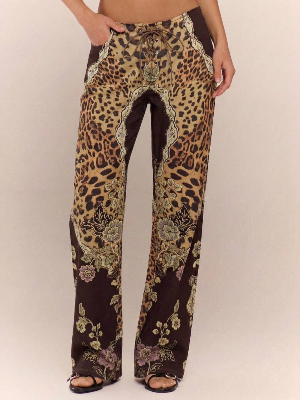 Brown Casual Women's Peacock Print Lace-Up Straight Leg Jeans - Picture 3 of 5